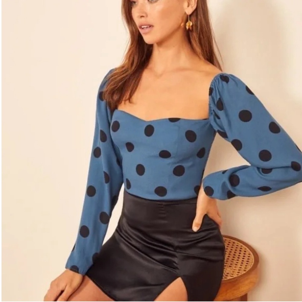Reformation Blue Polka Dot Blouse